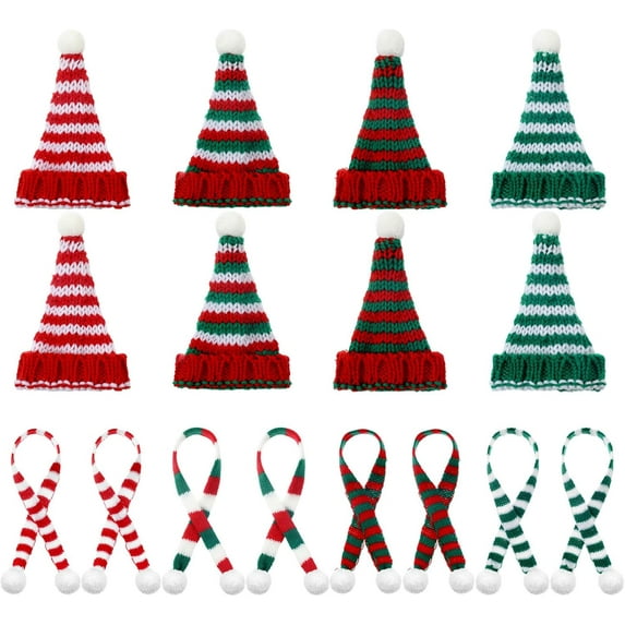 Dalrosia 16pcs Mini Christmas Knit Hat Scarf Set Christmas Doll Knit Decor Miniature Santa Hat Scarves Doll Clothing Accessories DIY Craft for Xmas Tree Santa for Christmas Gift Decoration