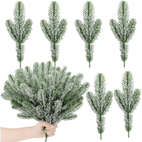 Dalrosia 20PCS Christmas Artificial Pine Branches with Snow 10Inch Artificial Pine Needles Frosted Flocked Pine Picks Faux Pine Sprays Stems Twigs for DIY Wreaths Winter Christmas Wedding Holiday