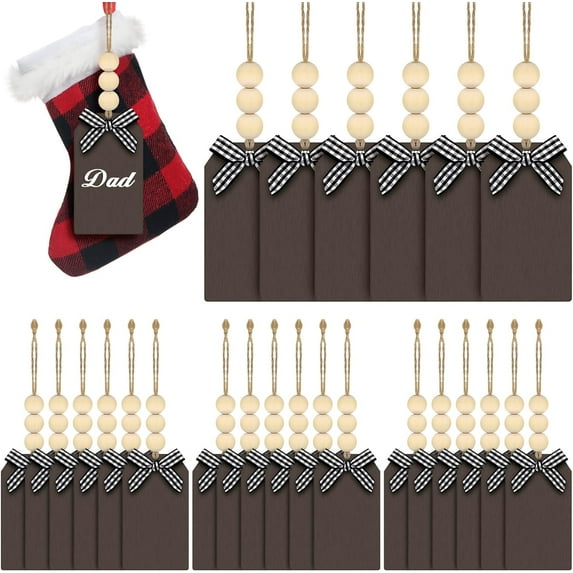Dalrosia 24PCS Christmas Stocking Wood Tags with Buffalo Plaid Row Farmhouse Xmas Hanging Tag with Wood Bead for Winter Decor