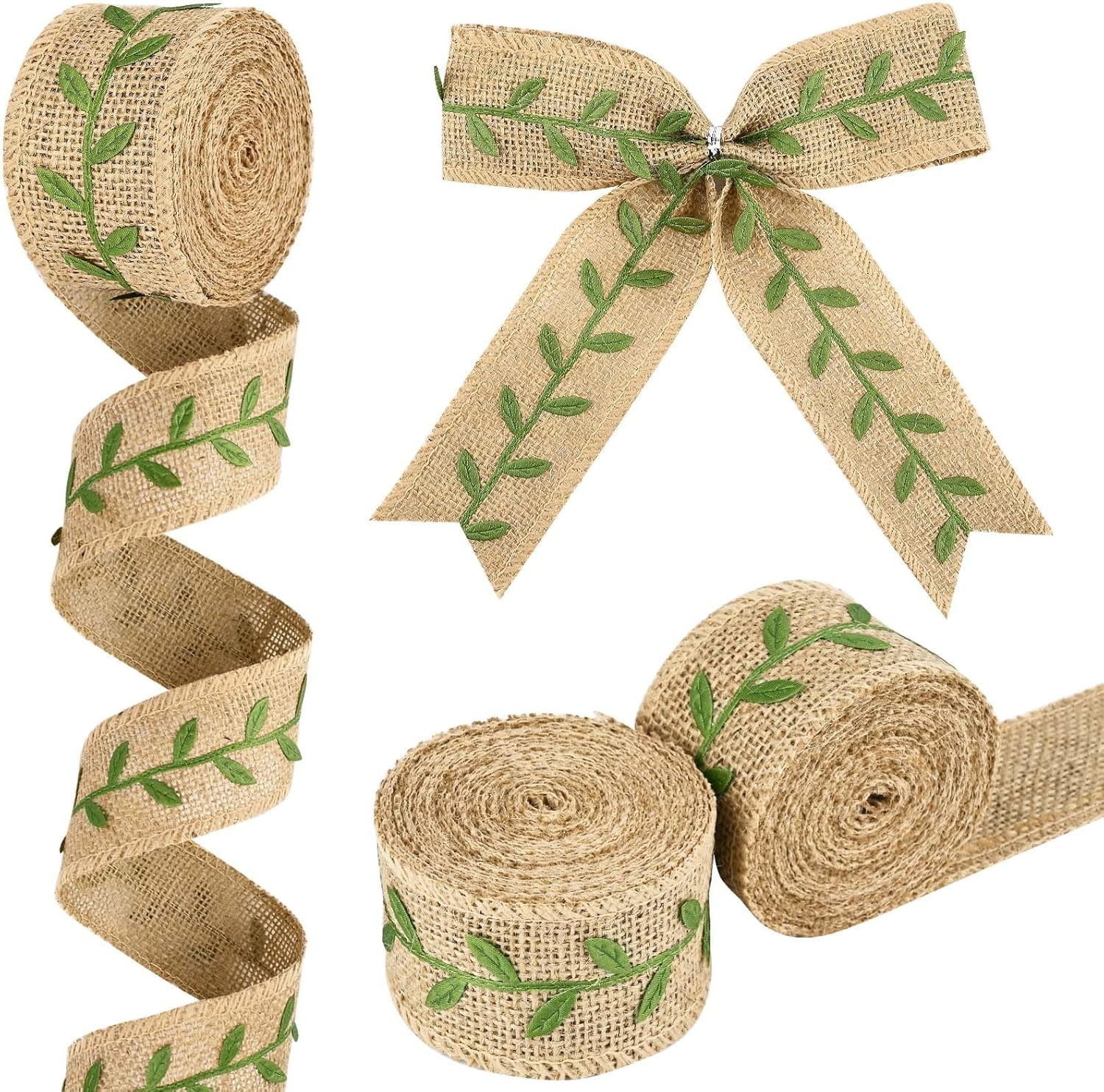 Dalrosia 2PCS Cake Burlap Ribbon Green Leaf Woodland Theme Cake Safari Ribbon for Jungle Baby Shower Party Wrapping Decorations