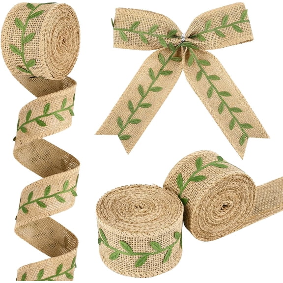 Dalrosia 2PCS Cake Burlap Ribbon Green Leaf Woodland Theme Cake Safari Ribbon for Jungle Baby Shower Party Wrapping Decorations