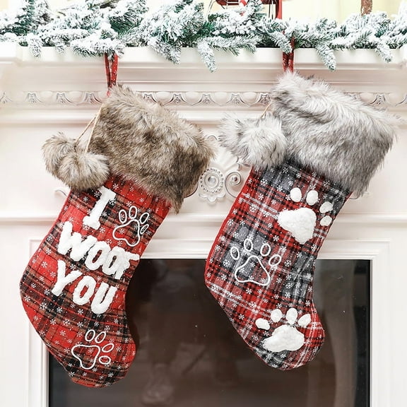 Dalrosia 2PCS Dog Christmas Stocking 18 Inch Buffalo Plaid Christmas Stockings Plush Faux Fur Cuff Christmas Hanging Stockings with Letter and Dog Paw for Xmas Decoration