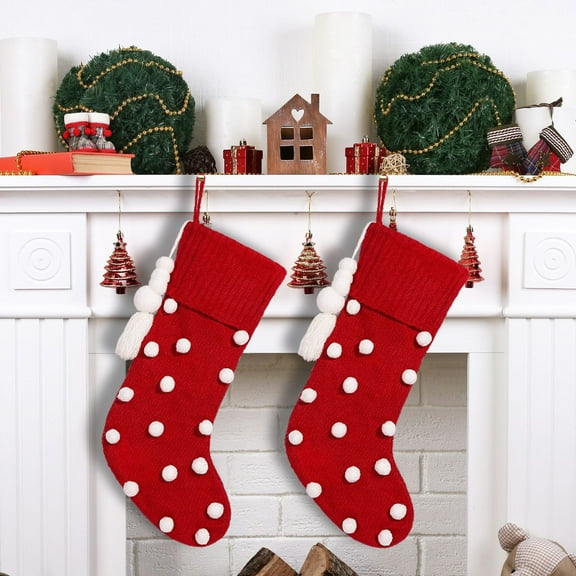 Dalrosia 2PCS Knit Christmas Stockings with Pompoms Large Knitted Classic Xmas Stockings Sweater Rustic Stockings for Family Holiday Season Christmas Tree Decorations