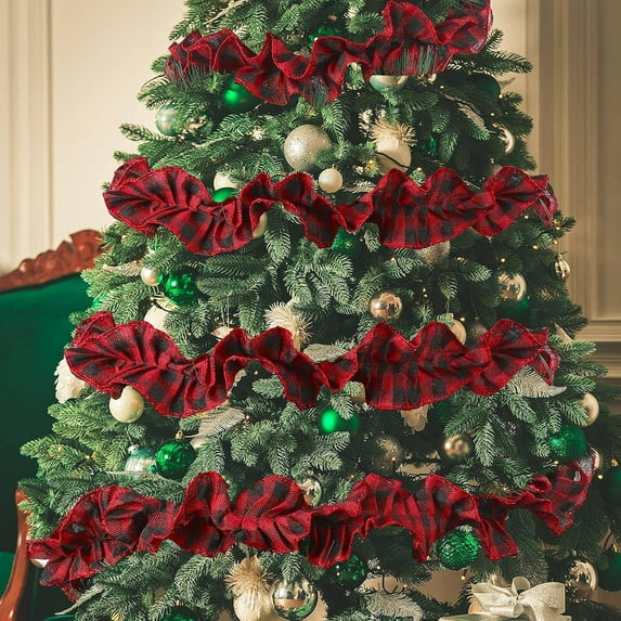 Dalrosia 2PCS Plaid Christmas Tree Garland Rustic Craft Garland Christmas Tree Ribbon for Christmas Crafts Decoration, Floral Bows Craft, 9 Feet