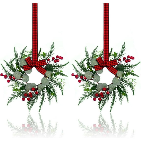 Dalrosia 2PCS Small Christmas Wreath - Mini Wreaths with Red Berry Pine Eucalyptus Christmas Wreaths for Door Kitchen Cabinets Window Fireplaces Decor