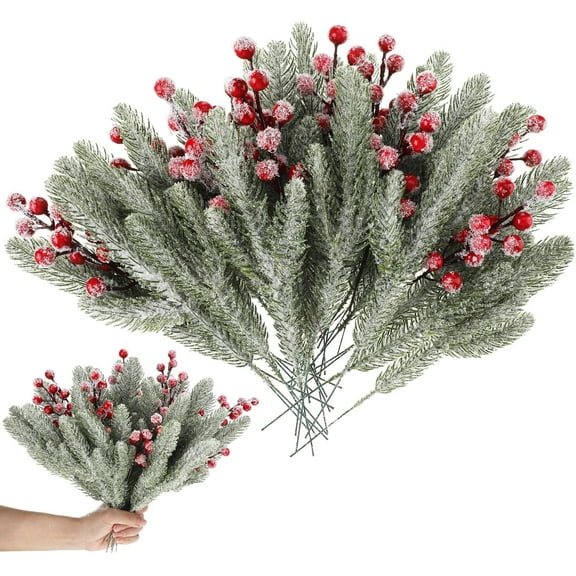 Dalrosia 30PCS Christmas Artificial Snowy Pine Needles Branches with Red Berry Stems Pine Tree Decor Pine Needles for Winter Holiday Xmas Wreath Garland Home Garden Party Decoration