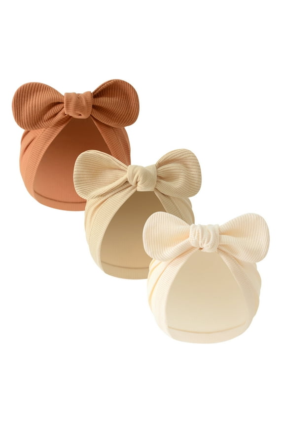 3PCS Baby Girls Turban Hats with Bow Newborn Hospital Caps Bonnet Beanies Headwraps for Infants Toddlers