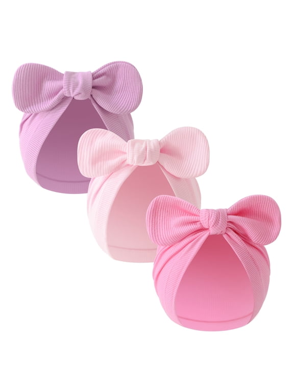 3PCS Baby Girls Turban Hats with Bow Newborn Hospital Caps Bonnet Beanies Headwraps for Infants Toddlers