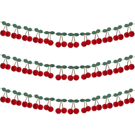 Dalrosia 3PCS Cherry Garland Decoration Cherries Birthday Decoration Christmas Pompom Felt Bunting Cherries 6.6 Ft Garland Colorful DIY Fruit Hanging for Baby Birthday Wedding