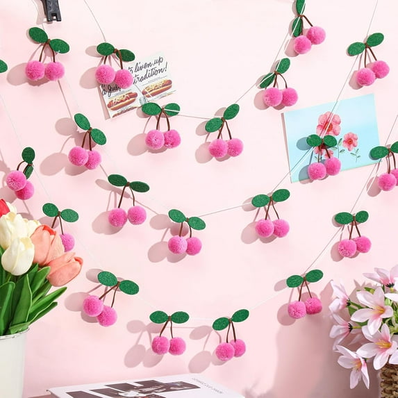Dalrosia 3PCS Cherry Garland Decoration - DIY Pom Pom Fruit Cherry Hanging for Kids Bedroom Kitchen Decoration Baby Shower Party Favor