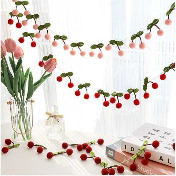 Dalrosia 3PCS Cherry Garland Decoration Felt Cherries Birthday Garland Banner DIY Fruit Hanging Decorations Home Decor Garland Decoration for Christmas Birthday Wedding Fireplace Decor