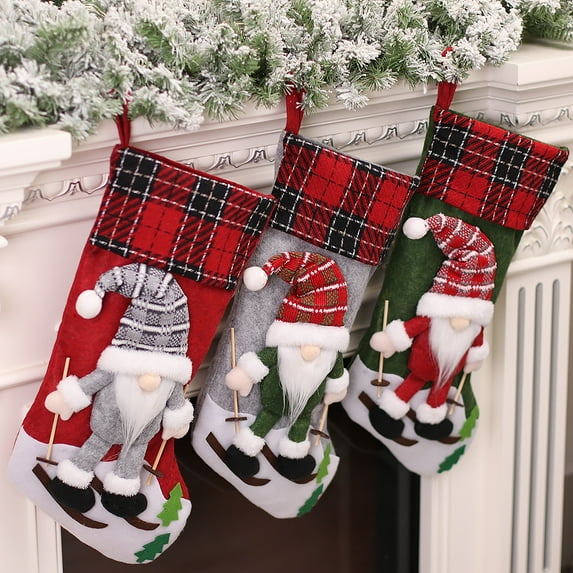 Dalrosia 3PCS Christmas Stocking, 19 Inch 3D Gnomes Santa Christmas Stockings Fireplace Hanging Stockings for Family Christmas Decoration Xmas Character Holiday Season Party Decor