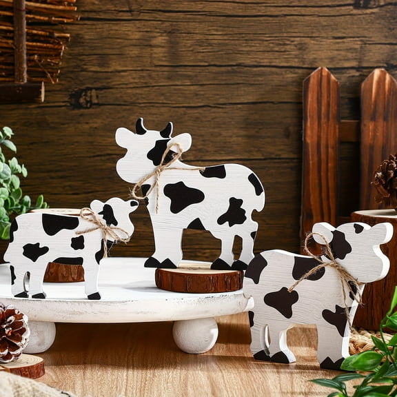 Dalrosia 3PCS Cow Wooden Table Decor Christmas Tiered Tray Decor Farmhouse Cow Tabletop Rustic Block Centerpiece Standing Sign for Home Kitchen Holiday Party