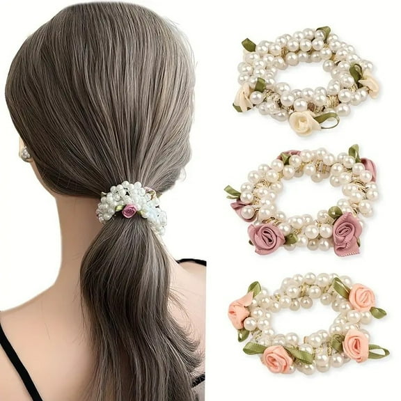 Dalrosia 3PCS Pearl Hair Ties Elastic, Pretty Fancy Rose Hair Scrunchies Hair bands Ponytail Hair Ropes Handmade Boho Hair Accessories For Women Girls