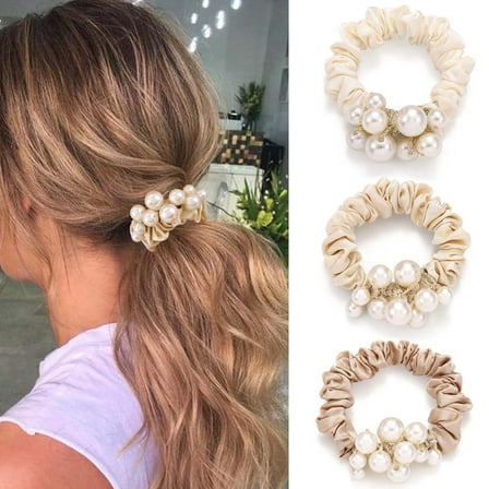 Dalrosia 3PCS Pearl Hair Ties Elastic Satin Hair Scrunchies Pearls Ponytail Holder Hair Accessories for Women