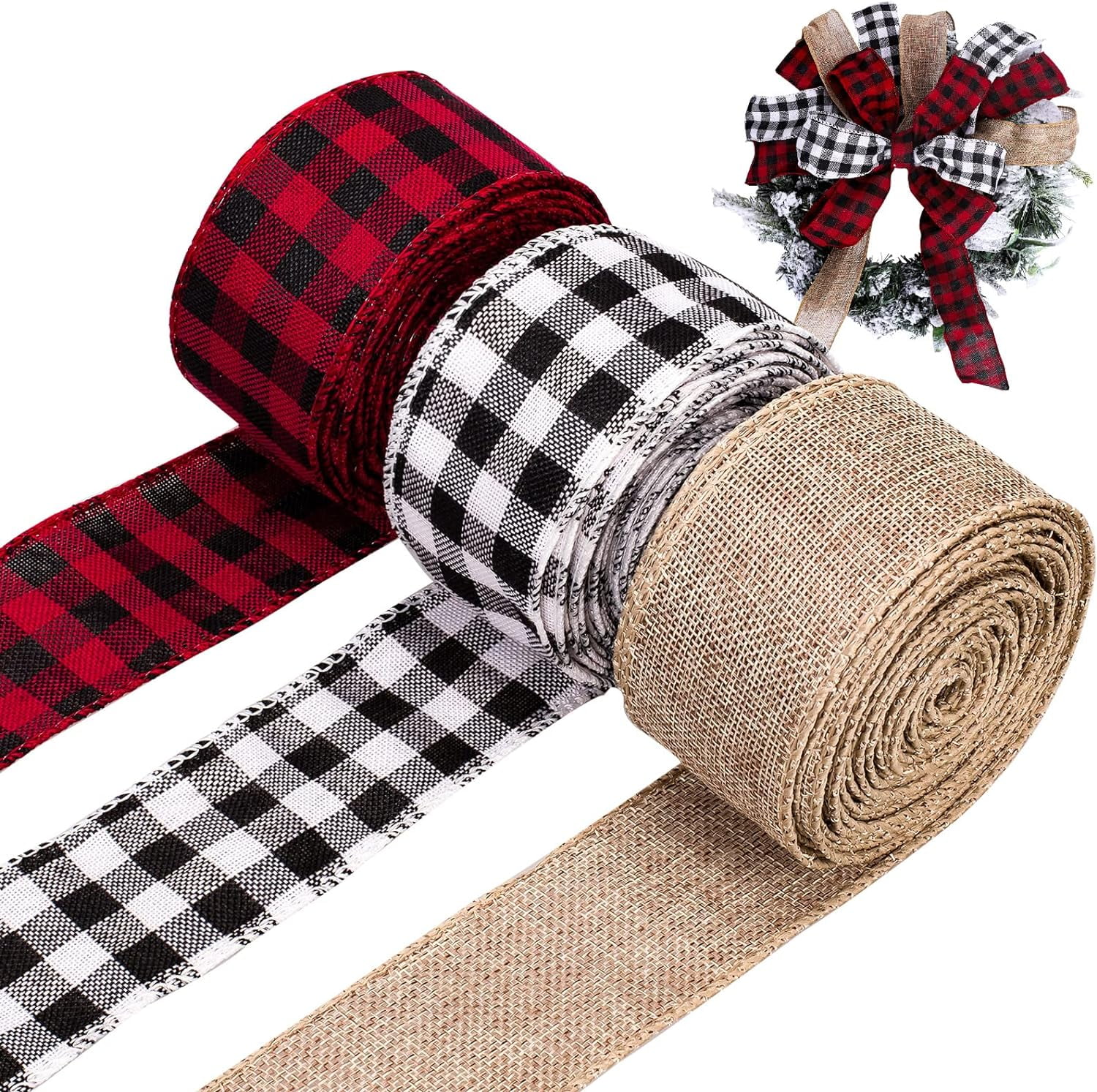 Dalrosia 3PCS Wired Edge Ribbons, 2 Inches Black Red Plaid Ribbon ...