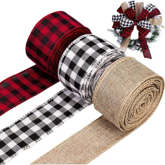 Dalrosia 3PCS Wired Edge Ribbons, 2 Inches Black Red Plaid Ribbon Burlap Craft Ribbon for DIY Gift Wrapping, Christmas Fall Crafts Decoration