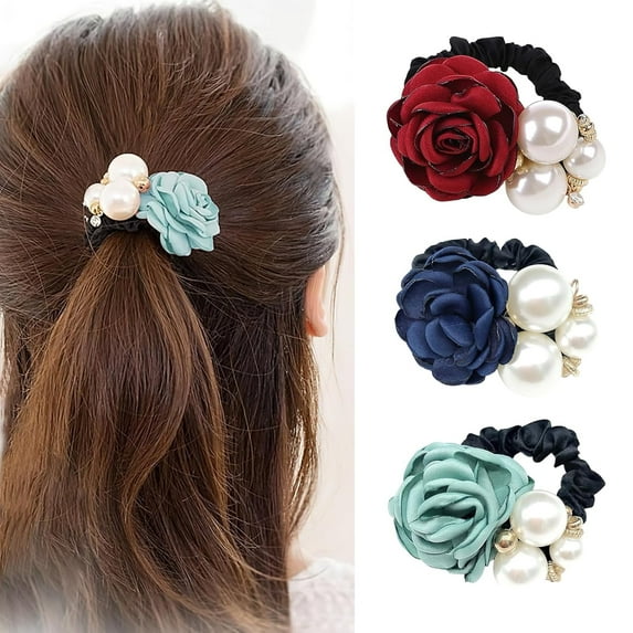 Dalrosia 3pcs Ribbon Rose Pearl Hair Ties Rose Flower Pearls Rhinestone Elastic Hair Rope Ponytail Holder Hair Scrunchies Fashion Hair Accessories for Women Girls,