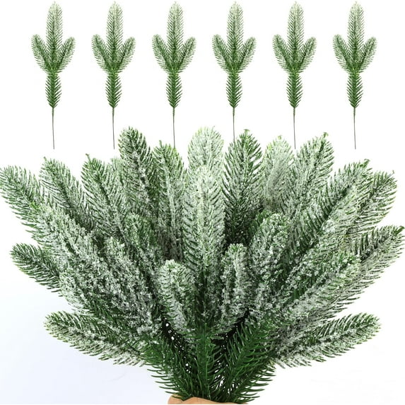 Dalrosia 40PCS Christmas Snow Frosted Pine Branches Artificial Faux Fake Christmas Picks and Sprays White Tree Filler Branches Flocked Pine Needles Sprigs Stem for Wreath Garland Decorations Craft