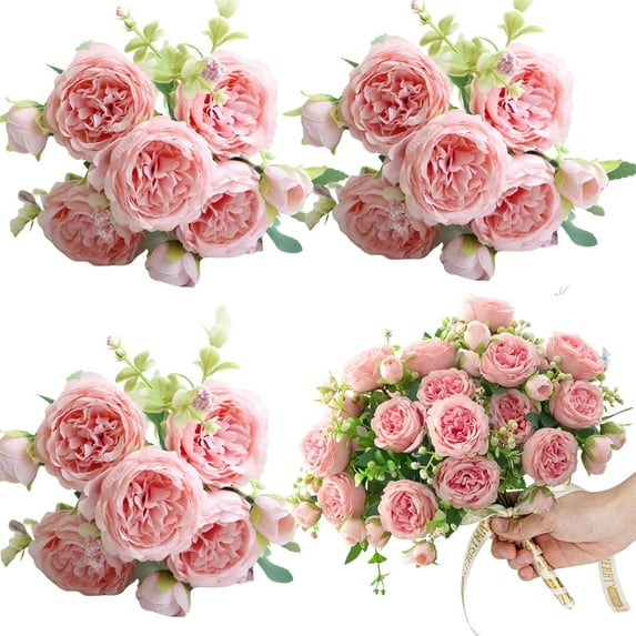 Dalrosia 4PCS Artificial Flowers Fake Peonies Silk Peony Bouquet Faux Flowers Bulk Arrangements for Decoration Vase Florals Arrangements Wedding Home Party Table