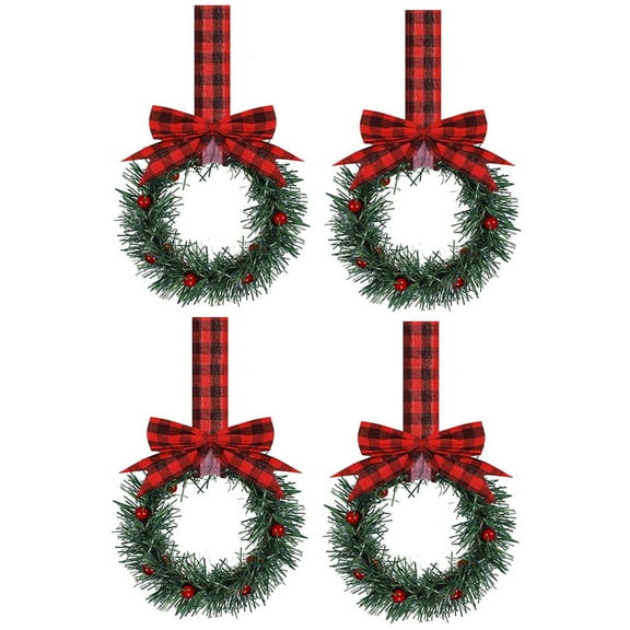 Dalrosia 4PCS Christmas Kitchen Cabinet Wreaths with Plaid Bow Ribbon Hanging Cabinet Doors Wreaths Decorative for Kitchen Window Outdoor Indoor Holiday Decor