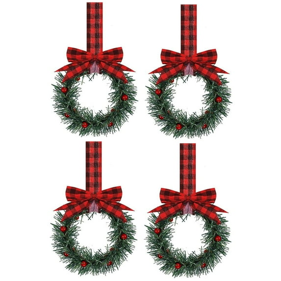 Dalrosia 4PCS Christmas Kitchen Cabinet Wreaths with Plaid Bow Ribbon Hanging Cabinet Doors Wreaths Decorative for Kitchen Window Outdoor Indoor Holiday Decor