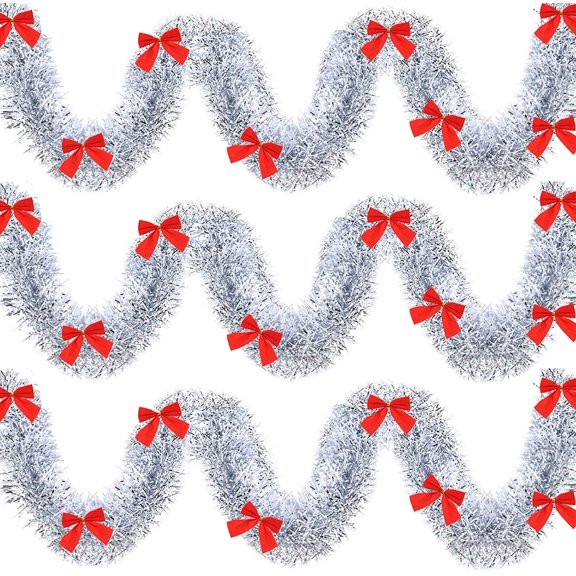 Dalrosia 4PCS Christmas Tinsel Garland with Red Bows Fluffy Tinsel Garland Soft Glitter Christmas Tinsel Garland Decorations Vintage Tinsel Wreaths for Party Xmas Tree Decoration