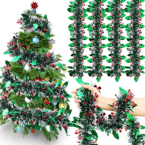 Dalrosia 4PCS Christmas Tinsel Garland Shiny Metallic Tinsel Twist Garland Streamers Ornaments Long Glitter Christmas Tree Hanging Decorations for Party Holiday Wedding Birthday Tree