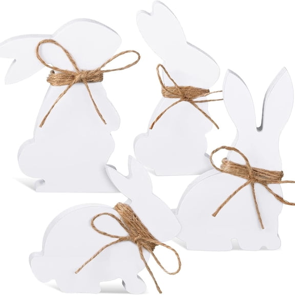 Dalrosia 4PCS Easter Bunny Table Wooden Signs Bunny Shaped Farmhouse Decor Spring Rabbit Wood Tabletop Decorations Easter Rabbit Dining Room Table Decor Sign with Rope