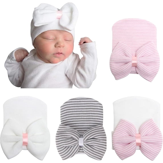 Dalrosia 4PCS Newborn Baby Caps for Baby Girls Baby Hats Scratch Soft Hospital Hat Infant Hats with Bow