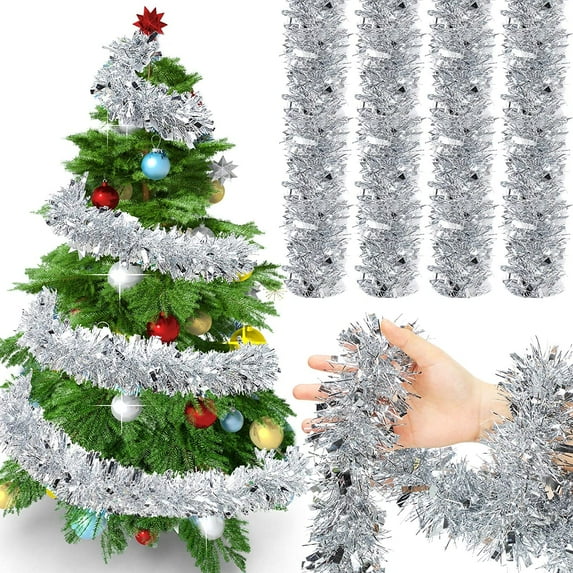 Dalrosia 4PCS Tinsel Garlands Christmas Tree Decor,Thick Thin Metallic Streamers Xmas Garland Holiday Christmas Decorations Home Indoor Outdoor Party Supplies, Each 6.56Ft