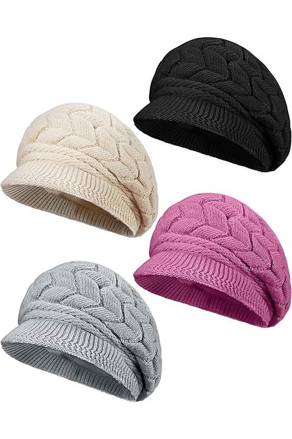 4PCS Womens Winter Beanie Warm Knitted Slouchy Wool Hats Cap with Visor