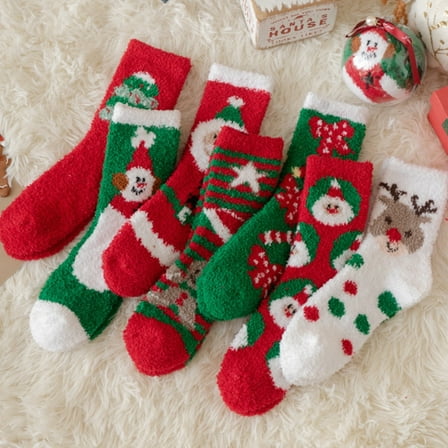 Dalrosia 5 Pairs Women Christmas Fuzzy Socks Fluffy Socks Winter Warm Cozy Striped Socks Crew Socks