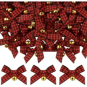 Dalrosia 50PCS Christmas Bow with Bell Mini Plaid Bows Buffalo Plaid Bow Gingham Bow Xmas Bells for Christmas Tree Crafts Home Decoration DIY Making Ornament