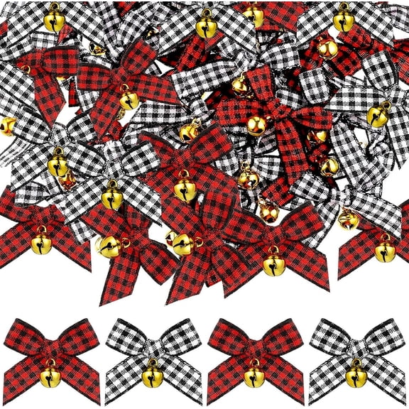 Dalrosia 50PCS Christmas Bow with Bell Mini Plaid Bows Buffalo Plaid Bow Gingham Bow Xmas Bells for Christmas Tree Crafts Home Decoration DIY Making Ornament