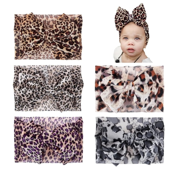 Dalrosia 5PCS Baby Girls Soft Wide Leopard Hair Turban Head Wraps Kids Stretchy Knotted Bows Headband for Children Hair Accessories Infant Headwraps