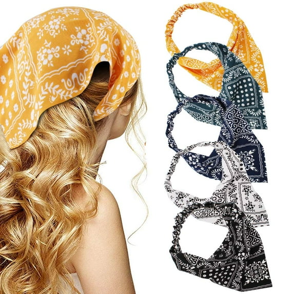 Dalrosia 5PCS Floral Elastic Hair Bandanas Scarf Headband Chiffon Head Kerchief Floral Printed Turban Boho Headbands Hair Bandanas for Women Girls Hair Accessories