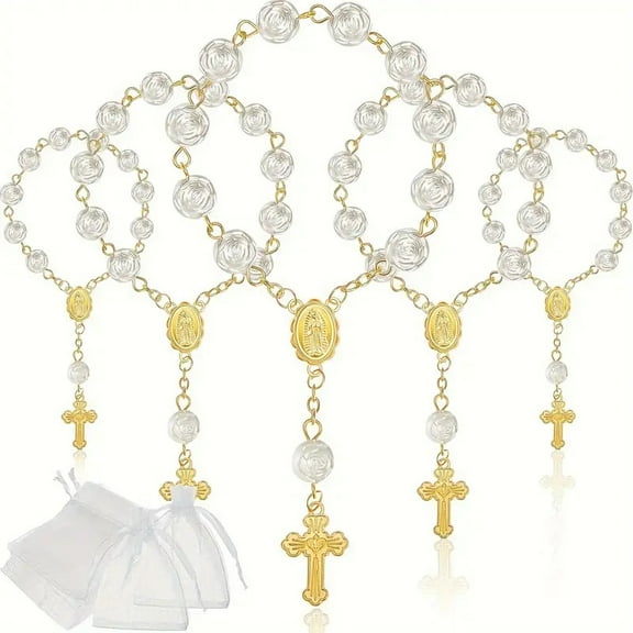 Dalrosia 5PCS Mini Rosaries Baptism Rosary Beads Acrylic Ivory Color Finger Baptism Rosaries Faux Pearls with Organza Bags for Christening Weddings Party Favors