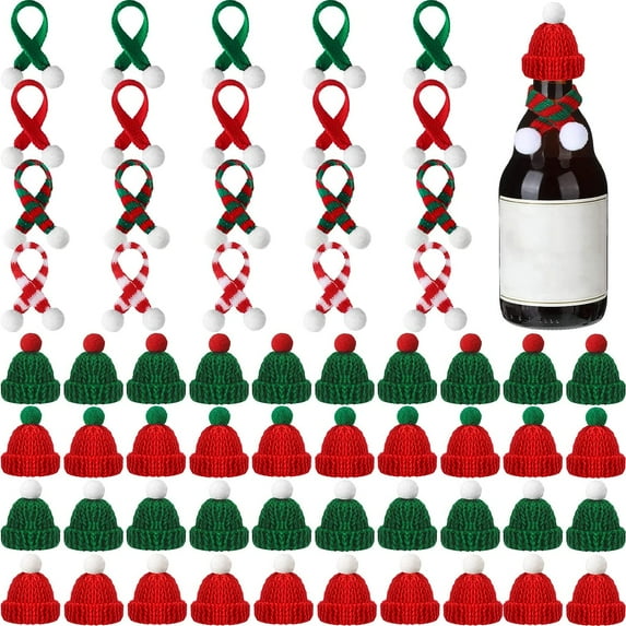 Dalrosia 60pcs Mini Knitting Hats and Mini Christmas Scarf Set, Mini Knitting Doll Hat Scarf Santa Knit Hat Scarf Christmas Tree Ornaments for DIY Craft Art Doll Decoration