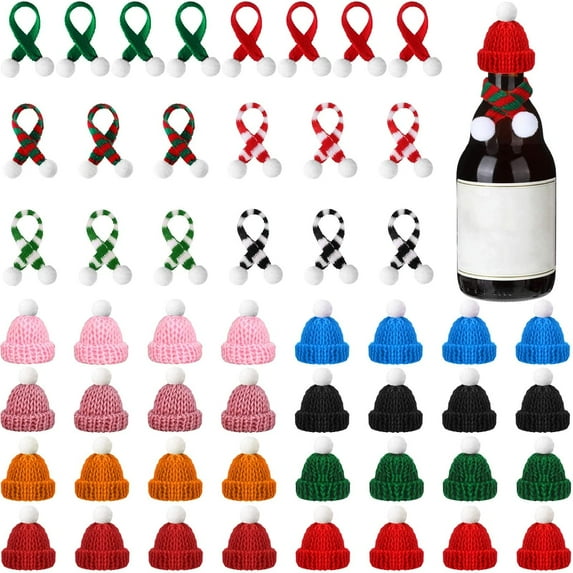 Dalrosia 60pcs Mini Knitting Hats and Mini Christmas Scarf Set, Mini Knitting Doll Hat Scarf Santa Knit Hat Scarf Christmas Tree Ornaments for DIY Craft Art Doll Decoration