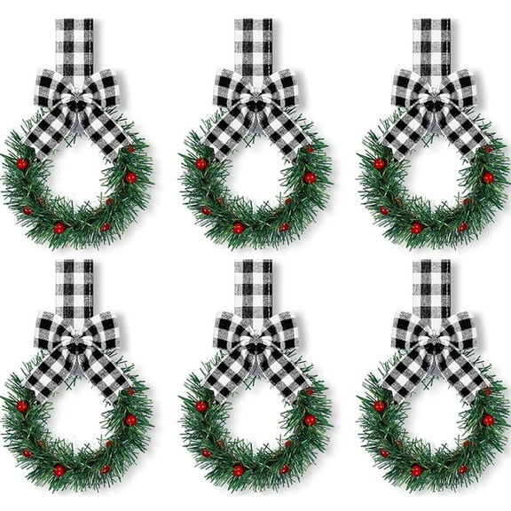 Vorkoi 6PCS Christmas Kitchen Cabinet Wreaths with Plaid Bow Ribbon Hanging Cabinet Doors Wreaths Decorative for Kitchen Window Outdoor Indoor Holiday Decor