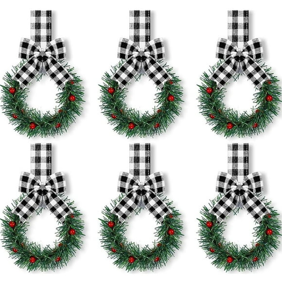 Vorkoi 6PCS Christmas Kitchen Cabinet Wreaths with Plaid Bow Ribbon Hanging Cabinet Doors Wreaths Decorative for Kitchen Window Outdoor Indoor Holiday Decor