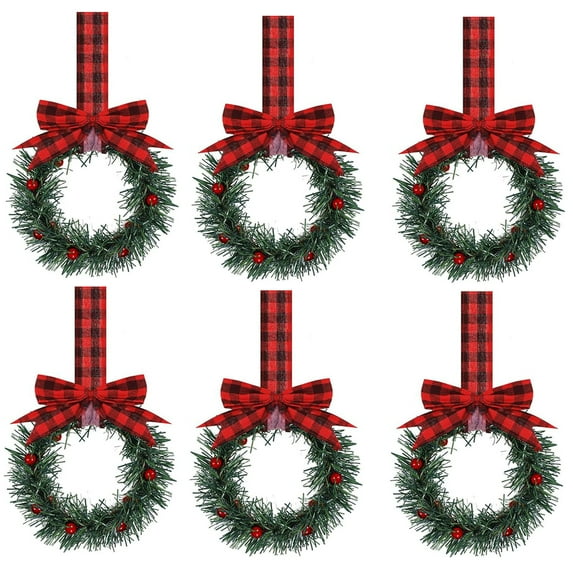 Dalrosia 6PCS Christmas Kitchen Cabinet Wreaths with Plaid Bow Ribbon Hanging Cabinet Doors Wreaths Decorative for Kitchen Window Outdoor Indoor Holiday Decor