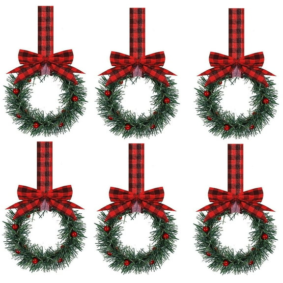 Dalrosia 6PCS Christmas Kitchen Cabinet Wreaths with Plaid Bow Ribbon Hanging Cabinet Doors Wreaths Decorative for Kitchen Window Outdoor Indoor Holiday Decor