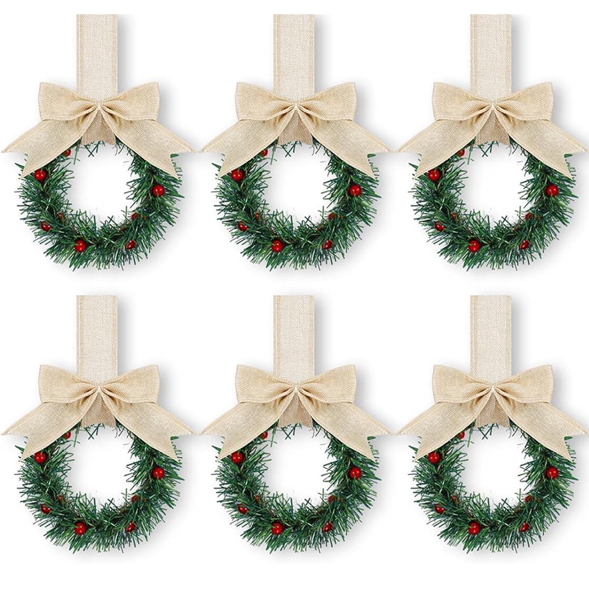 Vorkoi 6PCS Christmas Kitchen Cabinet Wreaths with Plaid Bow Ribbon ...