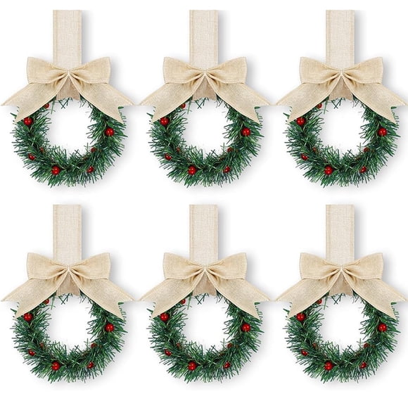 Vorkoi 6PCS Christmas Kitchen Cabinet Wreaths with Plaid Bow Ribbon Hanging Cabinet Doors Wreaths Decorative for Kitchen Window Outdoor Indoor Holiday Decor
