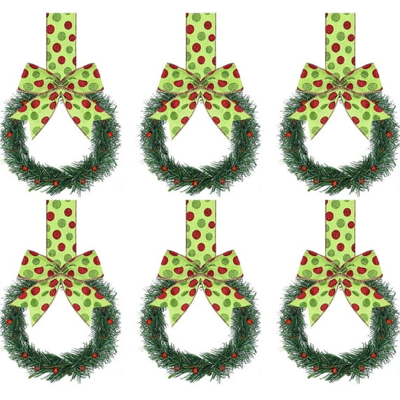 Vorkoi 6PCS Christmas Kitchen Cabinet Wreaths with Plaid Bow Ribbon Hanging Cabinet Doors Wreaths Decorative for Kitchen Window Outdoor Indoor Holiday Decor
