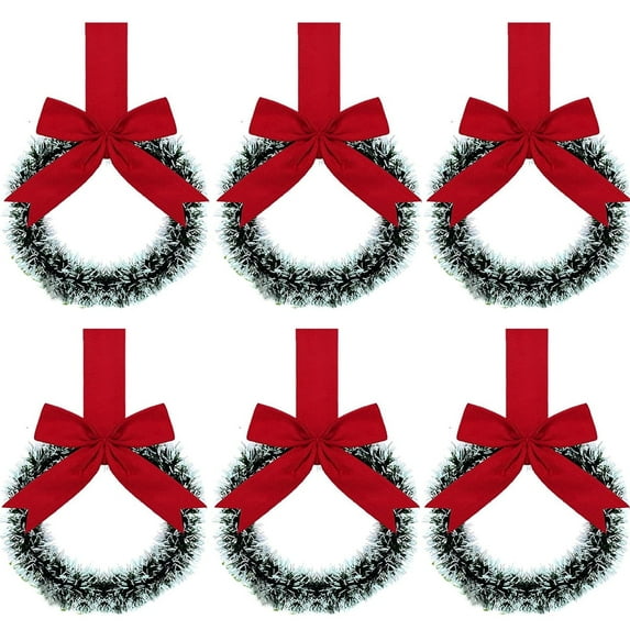 Vorkoi 6PCS Christmas Kitchen Cabinet Wreaths with Plaid Bow Ribbon Hanging Cabinet Doors Wreaths Decorative for Kitchen Window Outdoor Indoor Holiday Decor