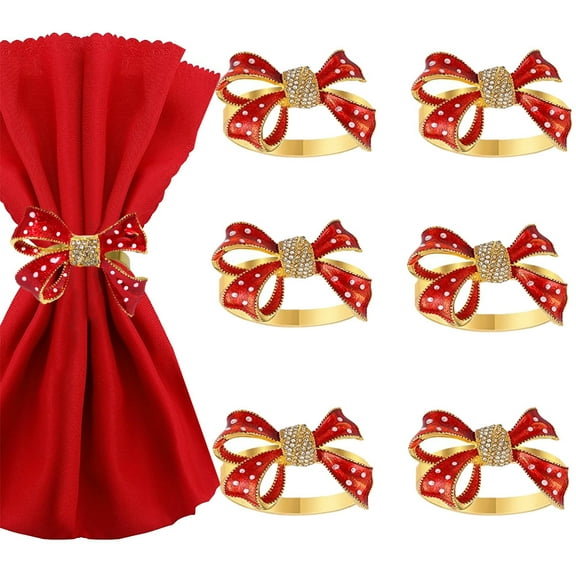 Dalrosia 6PCS Christmas Napkin Rings Set for Table Settings, Festive Bow Napkin Holder Rings for Christmas Thanksgiving New Year Party Dinner Table Decoration