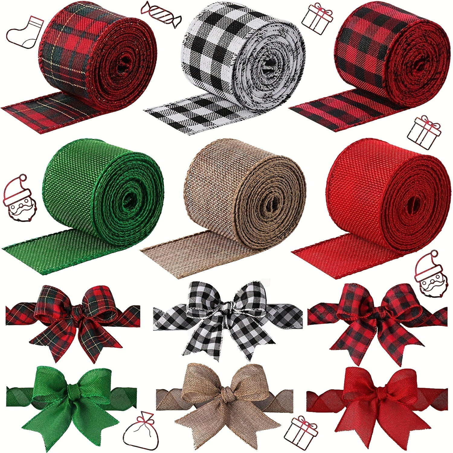 Dalrosia 6PCS Christmas Wired Edge Ribbons Burlap Fabric Ribbon Roll Black Red White Buffalo Plaid Ribbon Wide Craft Ribbon Xmas Tree Crafts Decoration DIY Gift Wrap,2 Inch X 5 Yards Each Roll